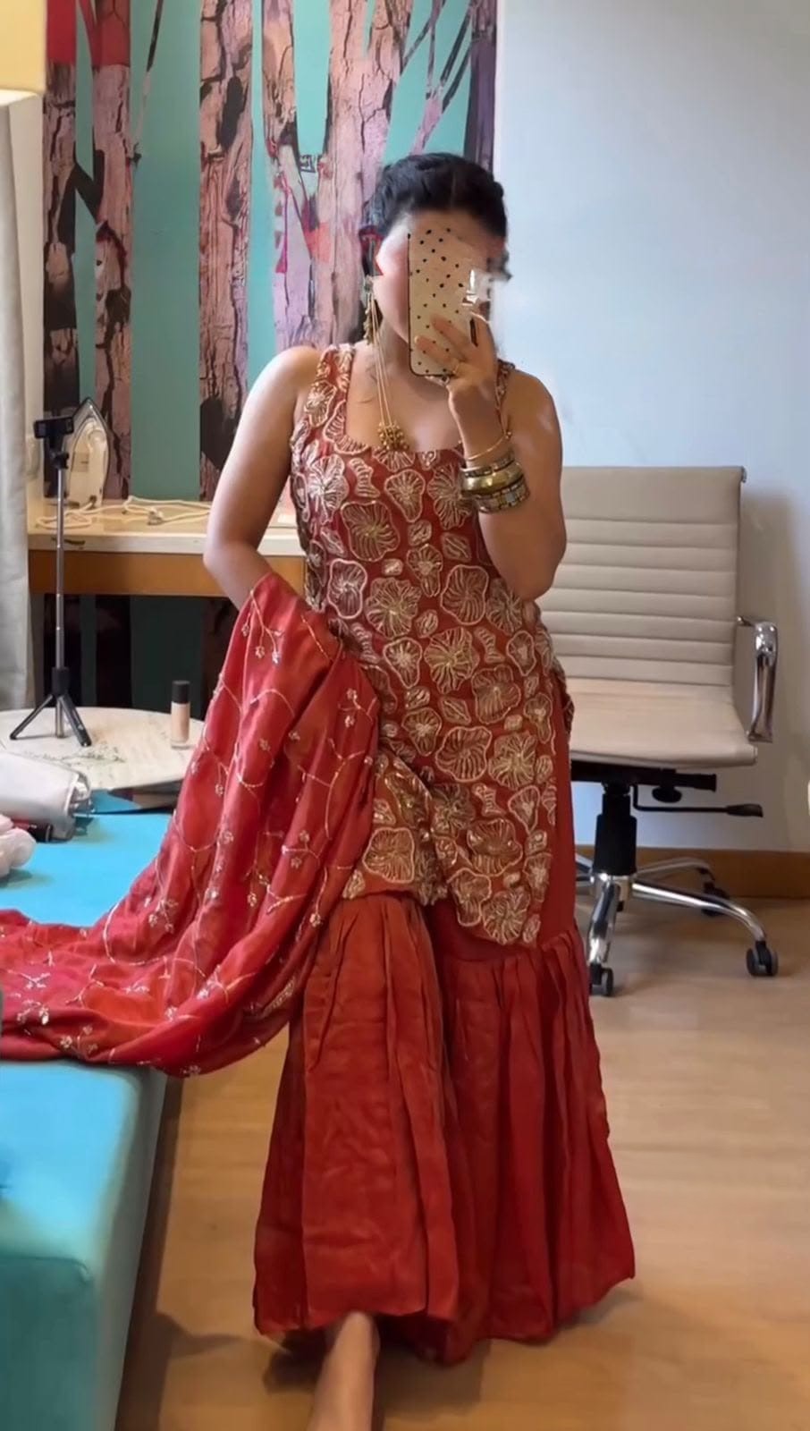 Rust Embroidered Simmer Silk Sharara Suit Set
